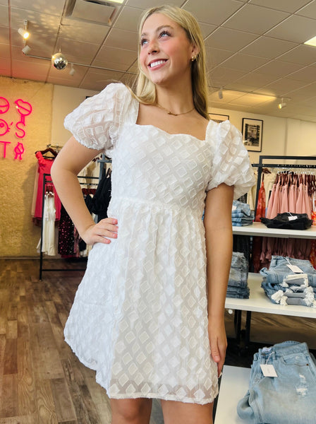 Acacia- Puff Short Sleeve Mini Dress- Off White