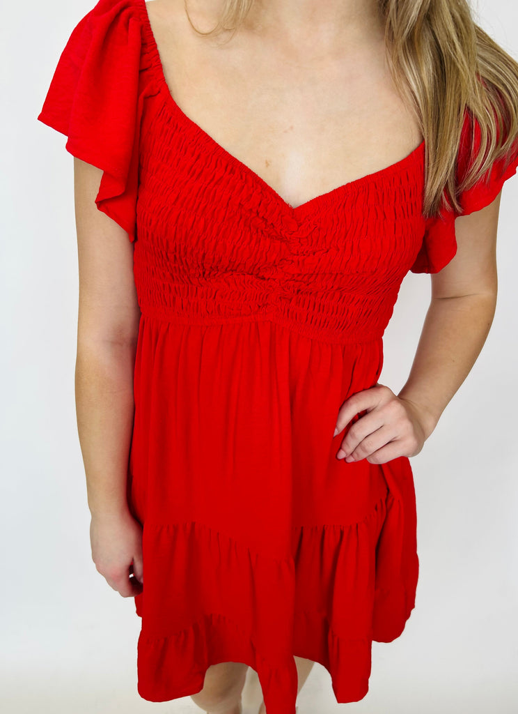Seattle - Flutter Sleeve Short Dress - Red
