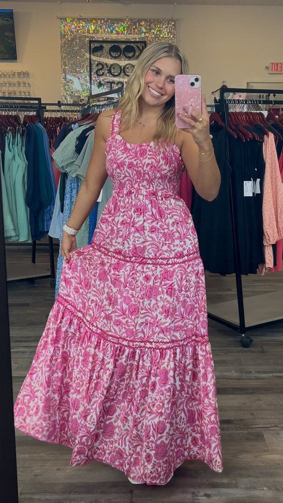 Charlotte - Sleeveless Smocked Woven Print Tiered Maxi Dress - Pink