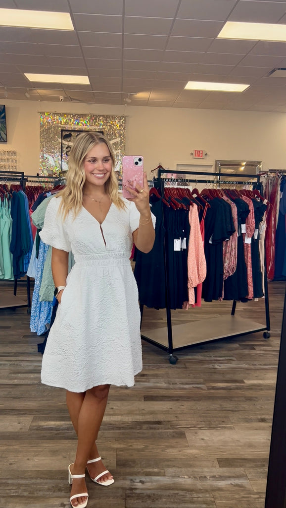 Toronto - Puff Sleeve V Neck Mini Dress - Off White