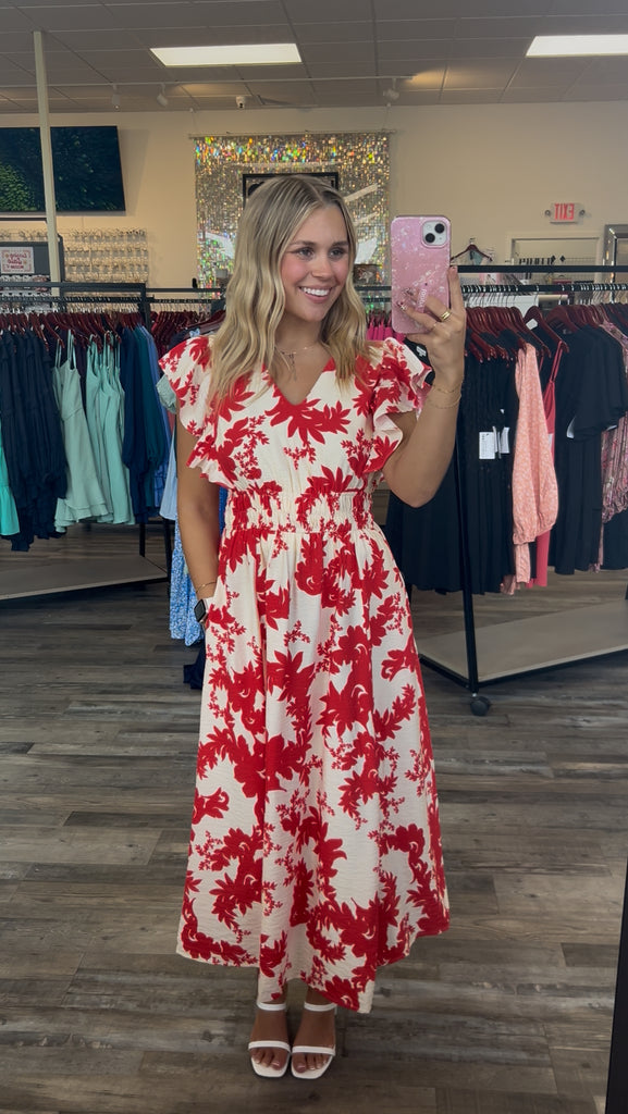 Brisbane- Ruffle Sleeve V Neck Waisted Elastic Floral Print Midi Dress - Red