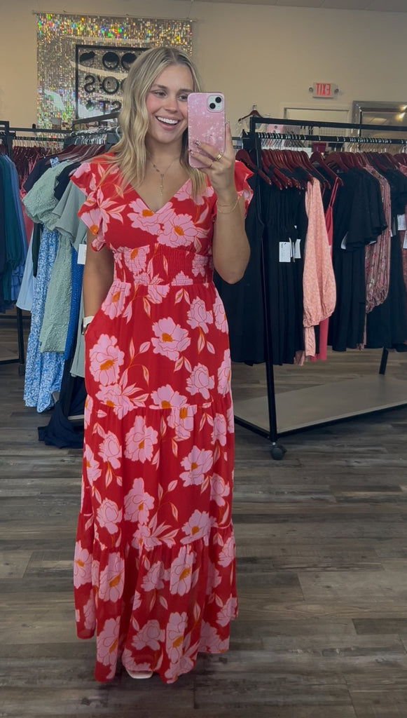 Tampa - Ruffled Sleeve Woven Chiffon Floral Print Tiered Maxi Dress - Red