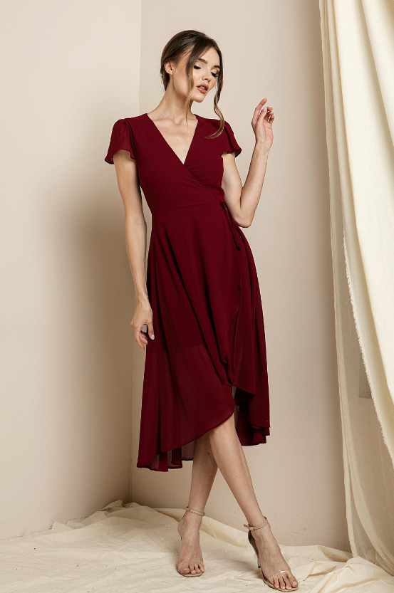 Clover - Short Sleeve Midi Dress - Wine