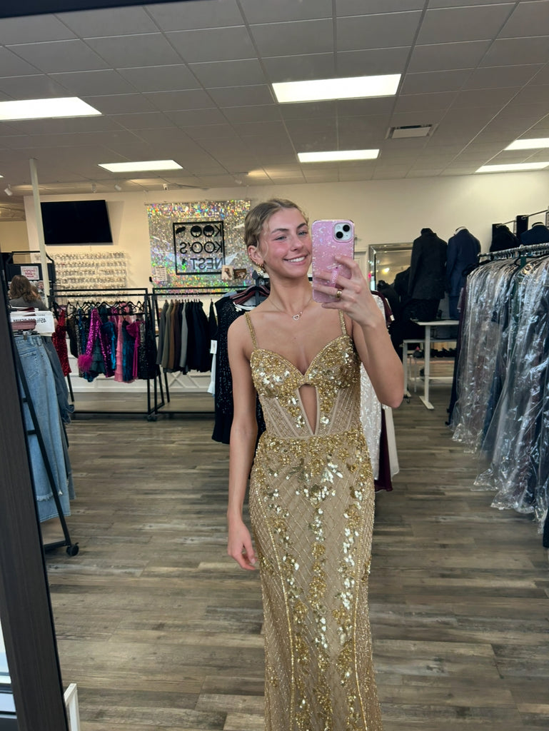 Sherri Hill 56890 IN STOCK Nude/Peacock 000, Gold 2, Nude/Bright Royal 4