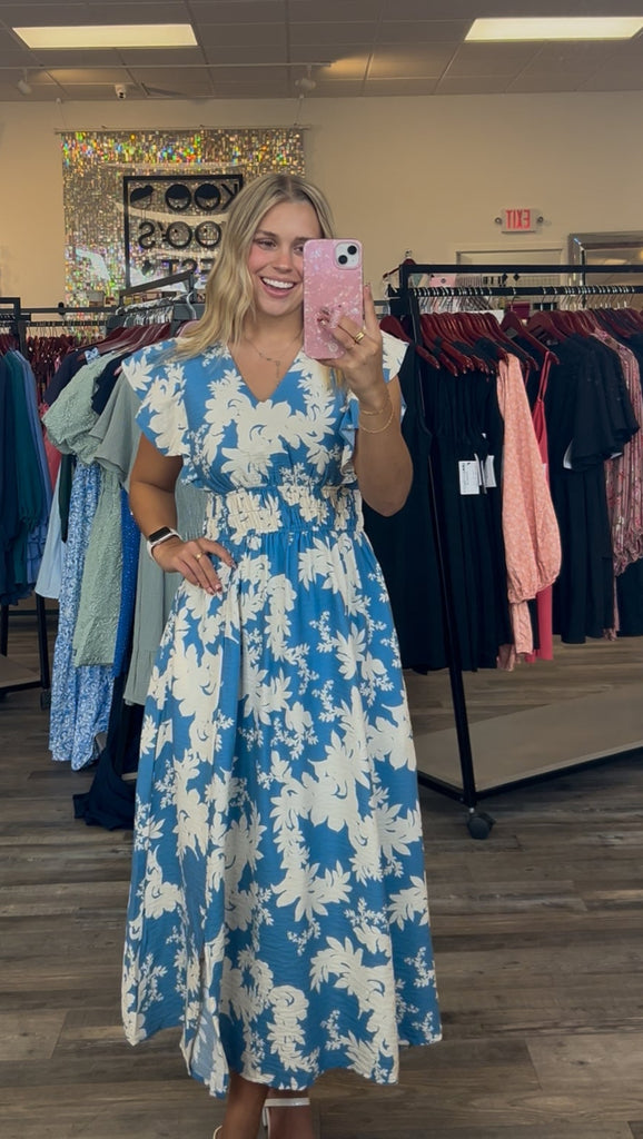Brisbane- Ruffle Sleeve V Neck Waisted Elastic Floral Print Midi Dress - Light Blue