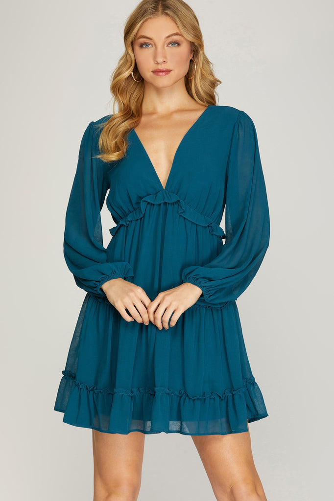 Gardenia- Long Sleeve Chiffon Tiered Dress- Teal
