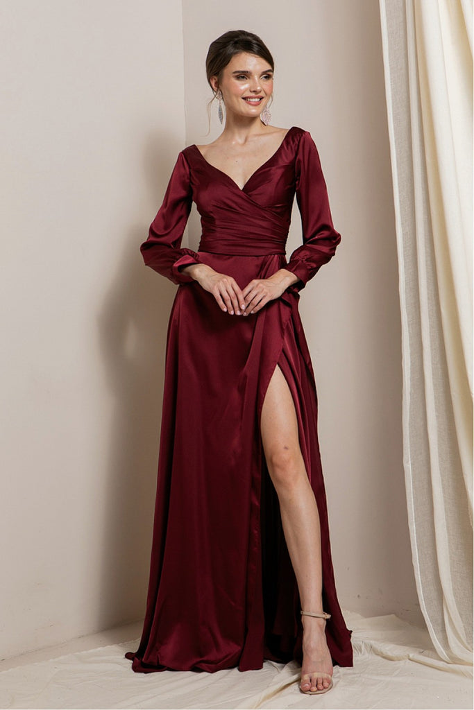 Hattie - Long Sleeve Formal Gown - Wine