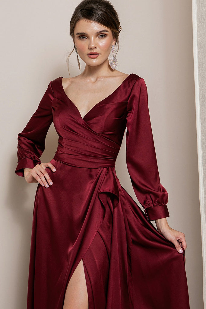 Hattie - Long Sleeve Formal Gown - Wine