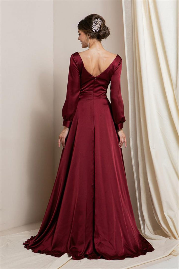 Hattie - Long Sleeve Formal Gown - Wine