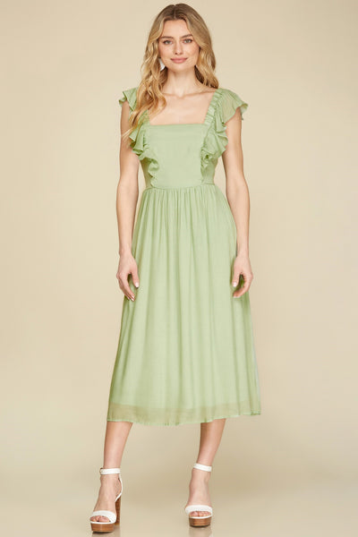 Poppy - Sleeveless Woven Ruffled Dress - Jade
