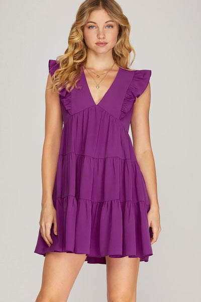 Acacia- Puff Short Sleeve Mini Dress- Hot Pink