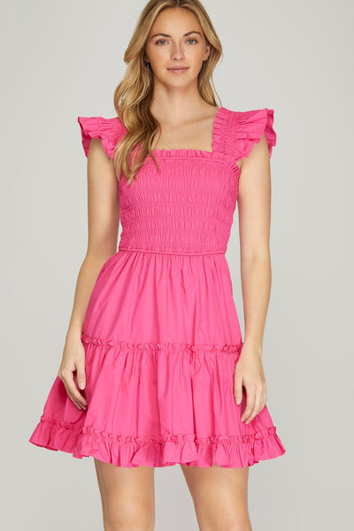 Acacia- Puff Short Sleeve Mini Dress- Hot Pink