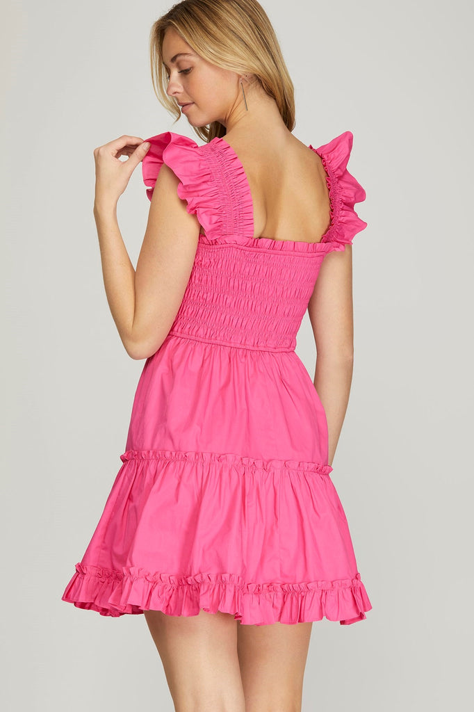 Primrose- Ruffle Strap Square Neck Tiered Dress- Pink