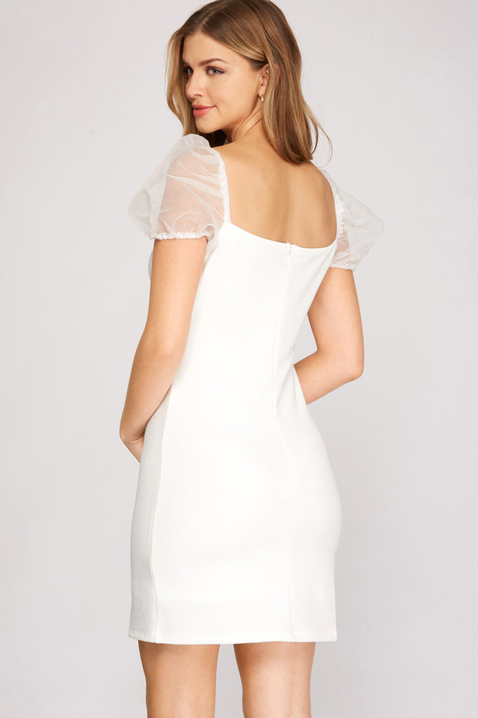 MEDIUM: Sidney - Mini Dress with Sheer Sleeves - White