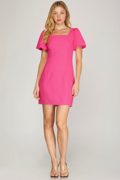 Acacia- Puff Short Sleeve Mini Dress- Hot Pink Acacia- Puff Short Sleeve Mini Dress- Hot Pink