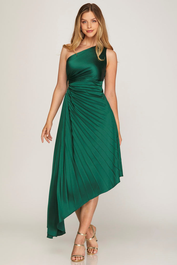 Daphne - One Shoulder Pleated Asymmetrical Woven Dress - Sea Green