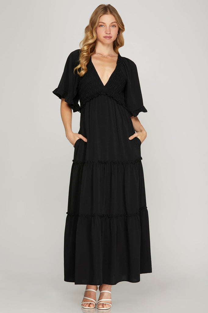 Dallas - Flutter Sleeve Maxi Dress - Black