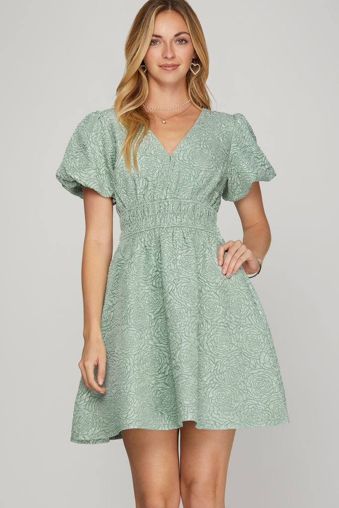 Toronto - Puff Sleeve V Neck Mini Dress - Light Sage