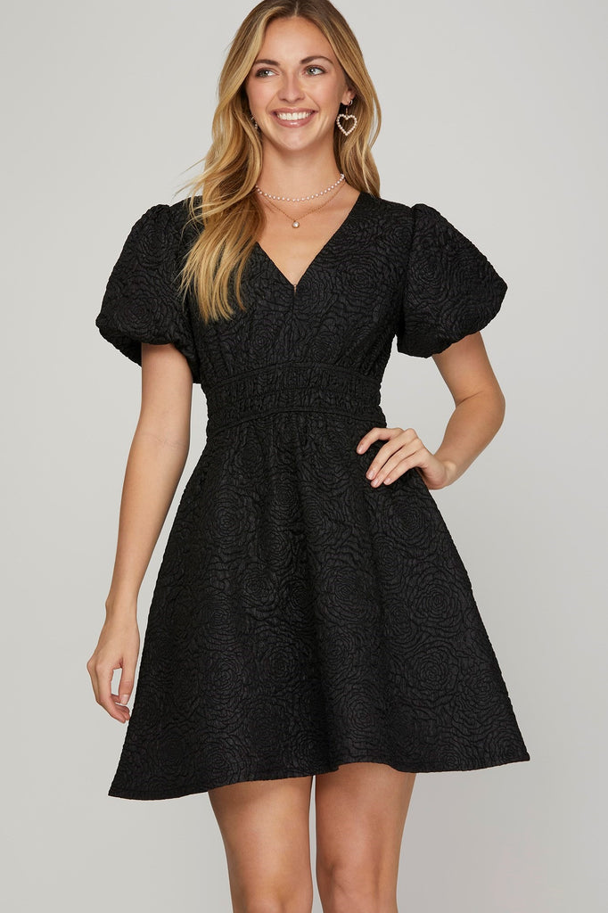 Toronto - Puff Sleeve V Neck Mini Dress - Black