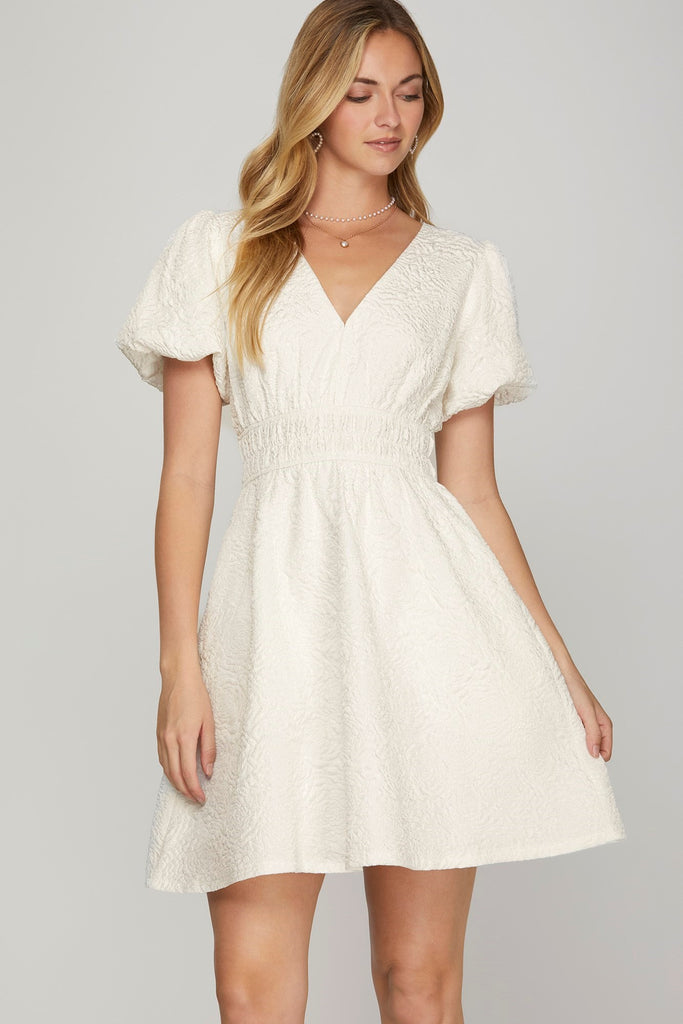 Toronto - Puff Sleeve V Neck Mini Dress - Off White