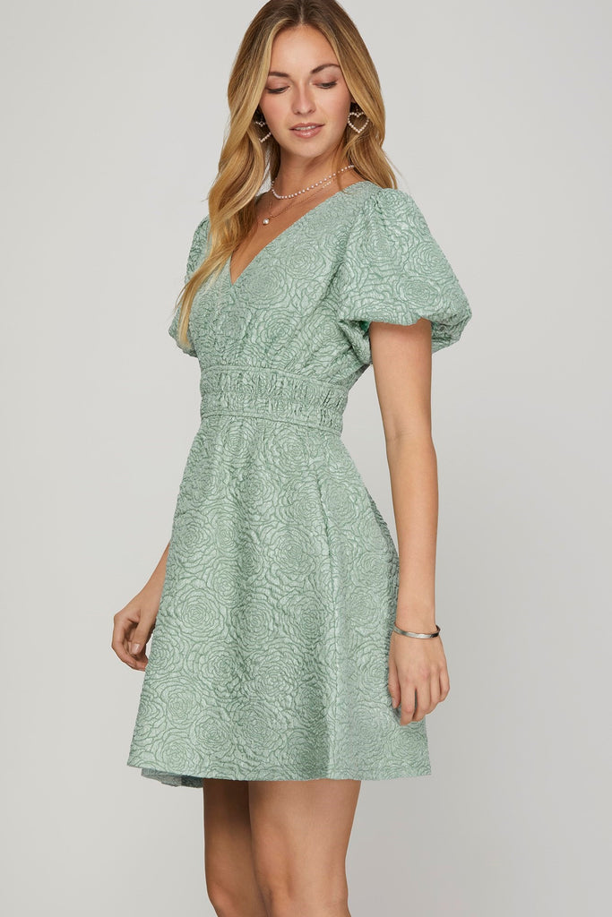 Toronto - Puff Sleeve V Neck Mini Dress - Light Sage