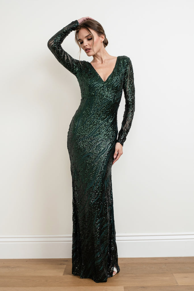 Evelyn - Metallic Maxi Dress - Black Green