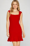 Adeline - Square Neck Knit Dress - Red