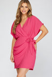 Bijou - Dolman Sleeve Side Tie Dress - Hot Pink