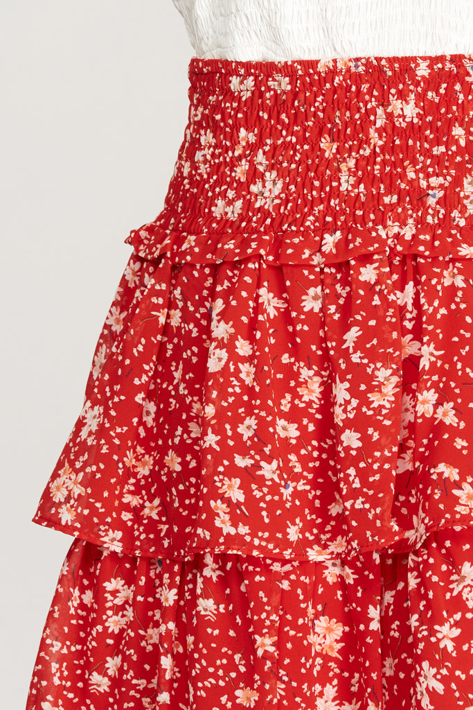 Hibiscus - Woven Floral Smocked Skirt - Red