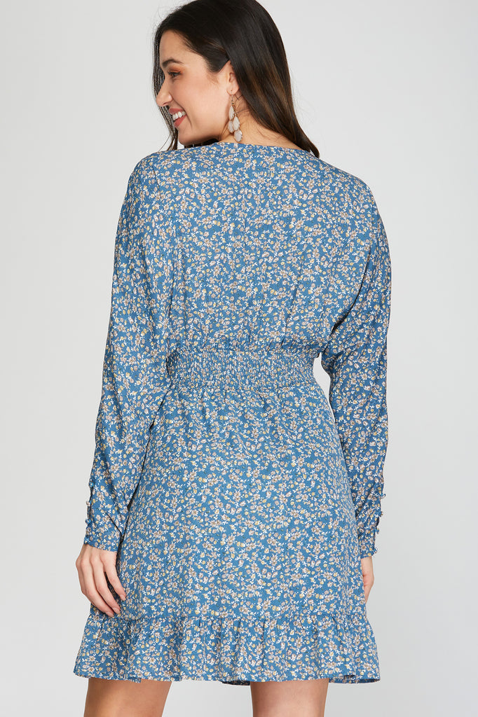 Mai - Button Sleeve Printed Dress - Dusty Blue