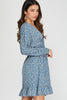 Mai - Button Sleeve Printed Dress - Dusty Blue
