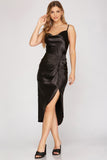 Manhattan - Satin Cowl Neck Midi Dress - Black
