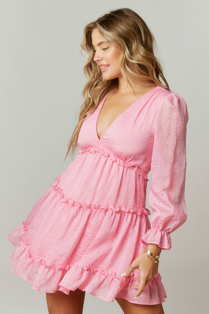 Rickey - Tiered Plunge Mini Dress - Pink