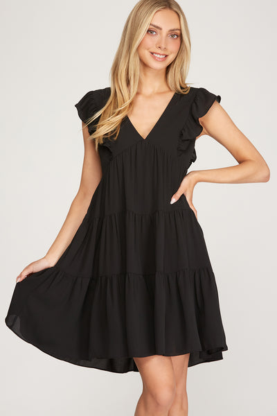 Dahlia - Long Sleeve Asymmetrical ruffled hem woven dress - Navy