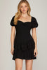 Allium - Puff sleeve woven ruffle hem dress with back smocking - Black