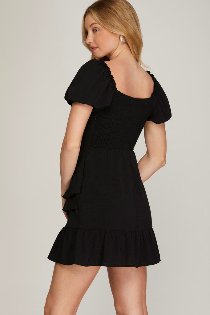 Allium - Puff sleeve woven ruffle hem dress with back smocking - Black