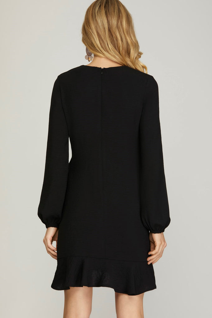 Dahlia - Long Sleeve Asymmetrical ruffled hem woven dress - Black