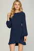 Dahlia - Long Sleeve Asymmetrical ruffled hem woven dress - Navy