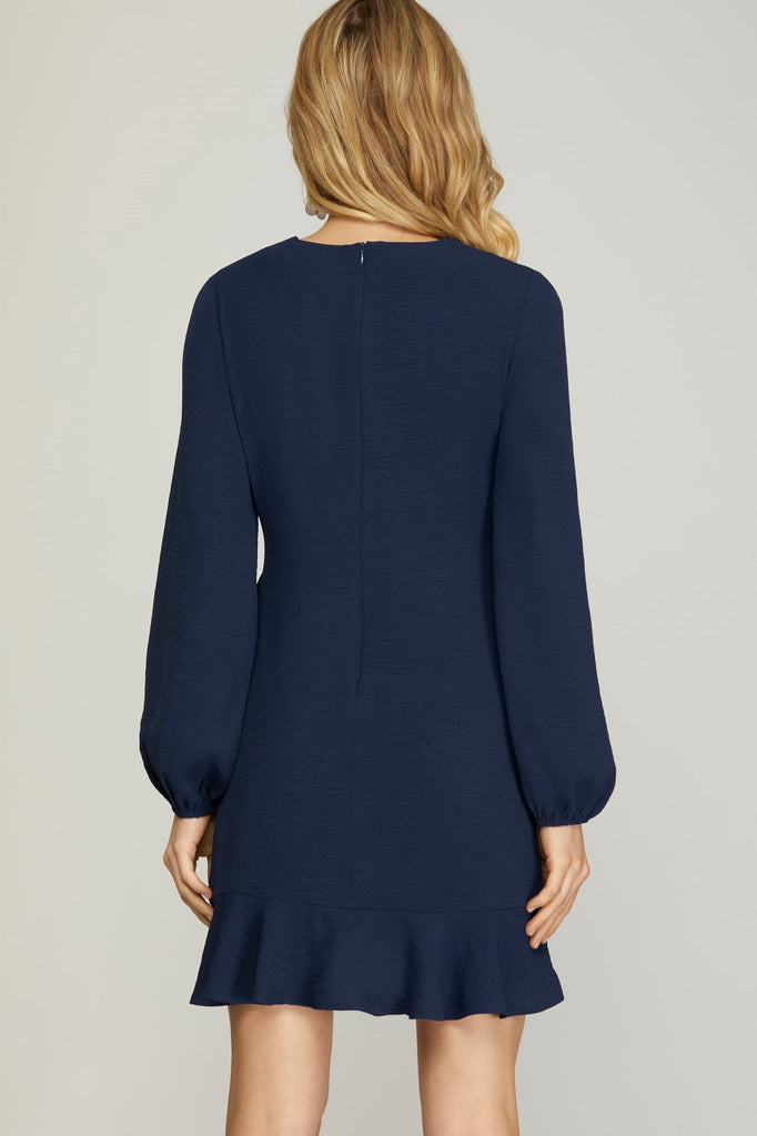 Dahlia - Long Sleeve Asymmetrical ruffled hem woven dress - Navy