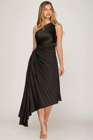 black pleated one shoulder dress Pleated One Shoulder Satin Slit Gown by Nox Anabel F1381 ABC Fashion