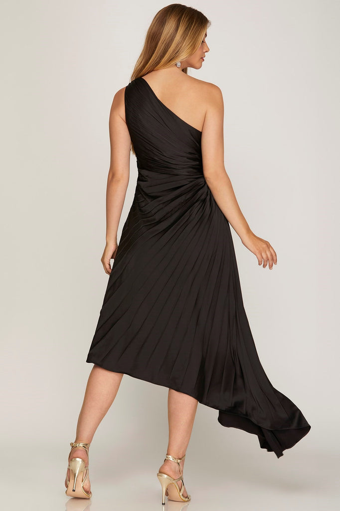 Daphne - One Shoulder Pleated Asymmetrical Woven Dress - Black