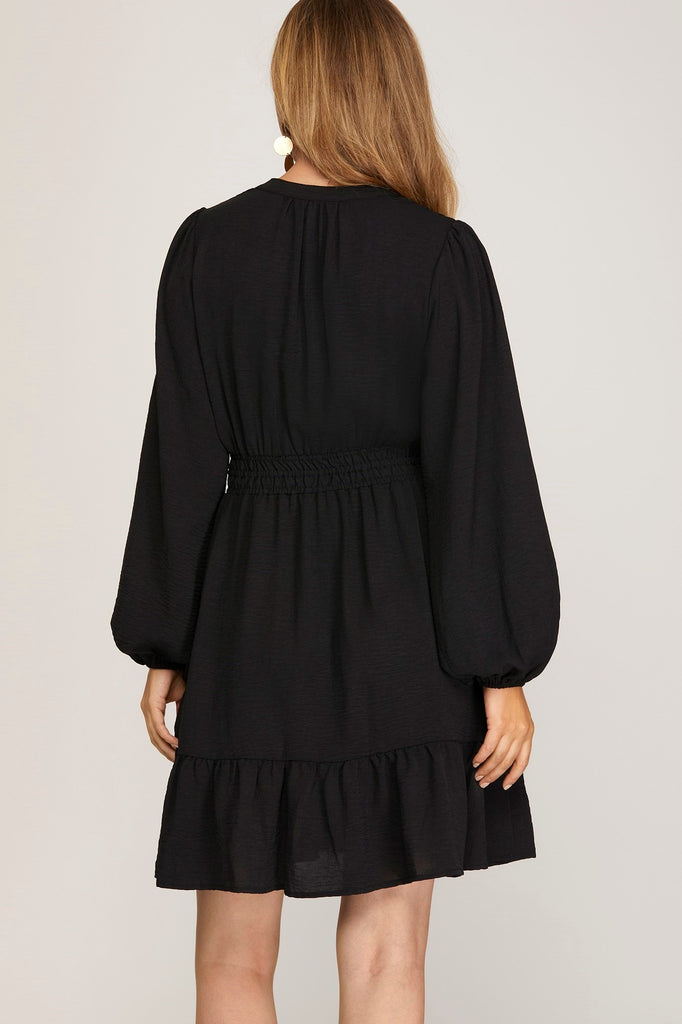 Aster - Long sleeve elastic waist woven dress with pockets