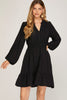 Aster - Long sleeve elastic waist woven dress with pockets