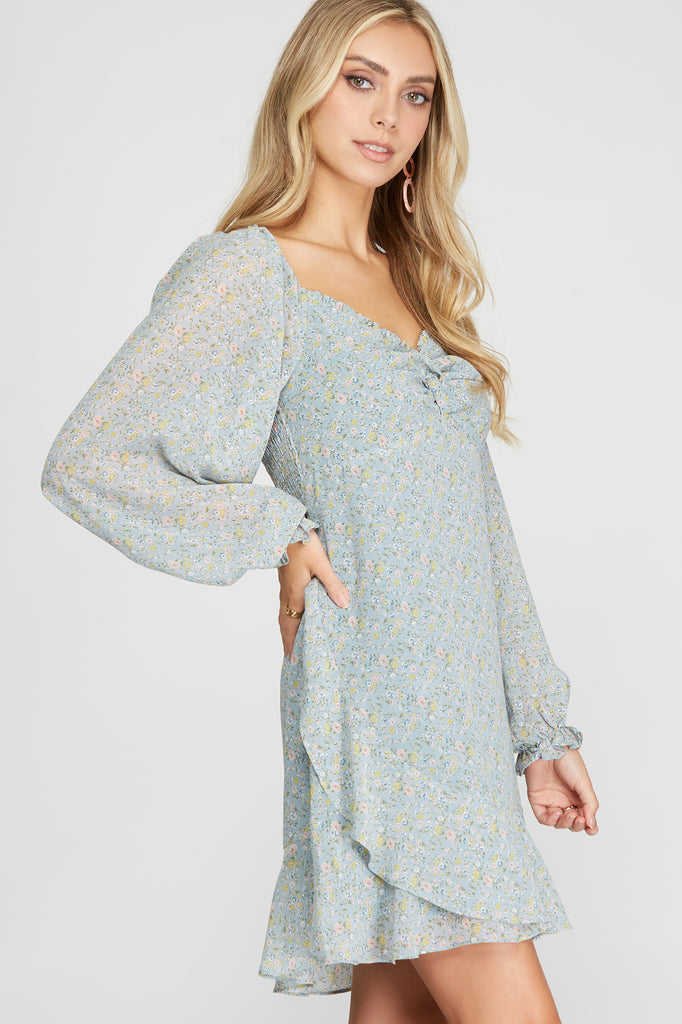 Stormy - Long Sleeve Floral Print Dress - Misty Blue – KooKoo's Nest