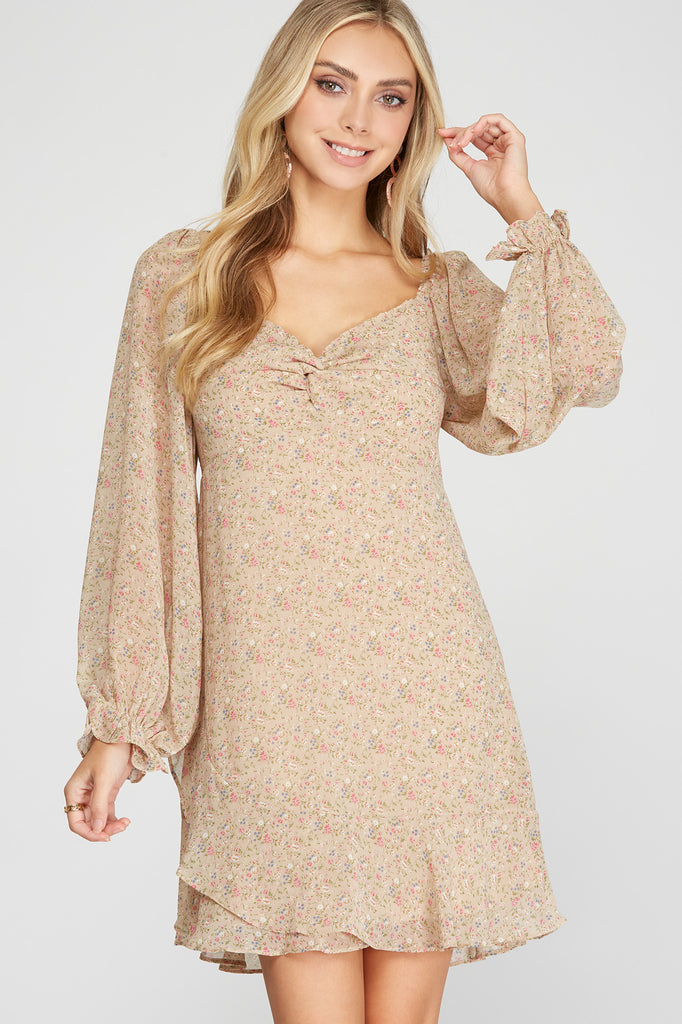 Stormy - Long Sleeve Floral Print Dress - Taupe