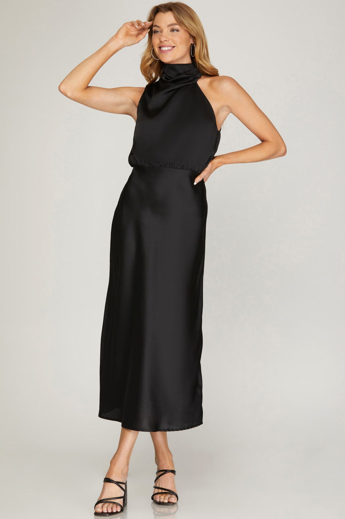 Vieux Carre - Asymmetrical Neck Satin Midi Dress - Black