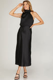 Vieux Carre - Asymmetrical Neck Satin Midi Dress - Black