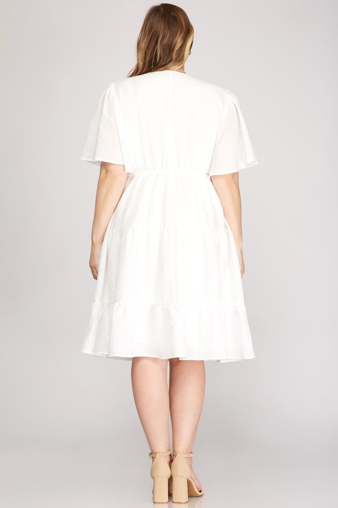 Elodie - Plus Size Flutter Sleeve Tiered Dress - Off White