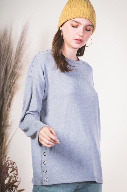 Acton - Button Detail Knit Top - Grey - SMALL