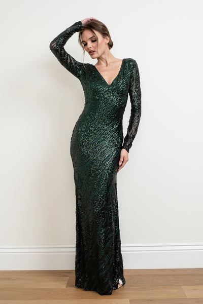 Josephine - Long Sleeve Gown with Sequin Bodice - Plus Size - Emerald